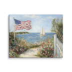 Patriotisches Wandbild im Küstenstil | Segelboot mit amerikanischer Flagge und Leuchtturm | Sommerdeko zum 4. Juli