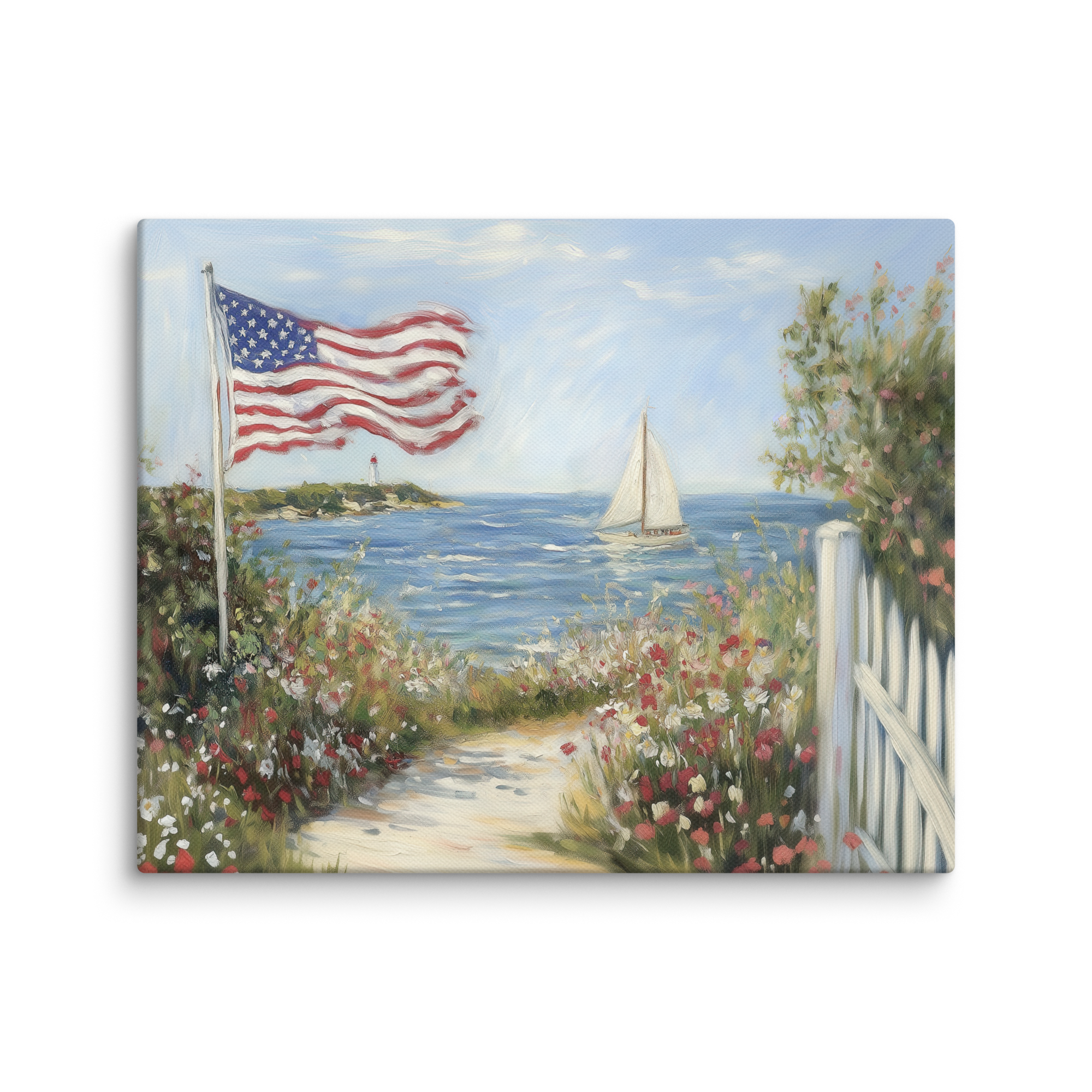 Patriotisches Wandbild im Küstenstil | Segelboot mit amerikanischer Flagge und Leuchtturm | Sommerdeko zum 4. Juli