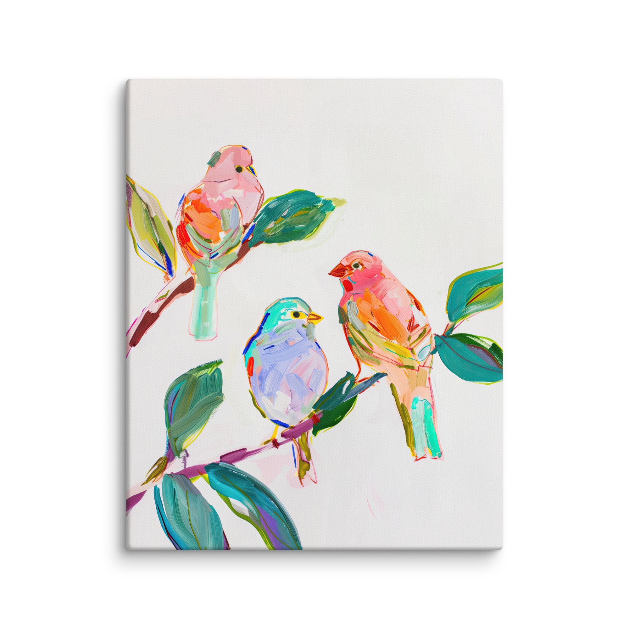 Leinwandbild mit Wildvögeln | Farbenfrohe Singvögel auf einem Ast | Lebendiges Naturdeko-Geschenk