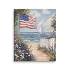 Leinwandbild mit amerikanischer Flagge und Küstenmotiv – Segelboot, patriotische Sommerblume, weißer Lattenzaun, rustikales Strandmotiv zum 4. Juli
