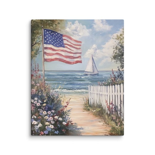 Leinwandbild mit amerikanischer Flagge und Küstenmotiv – Segelboot, patriotische Sommerblume, weißer Lattenzaun, rustikales Strandmotiv zum 4. Juli