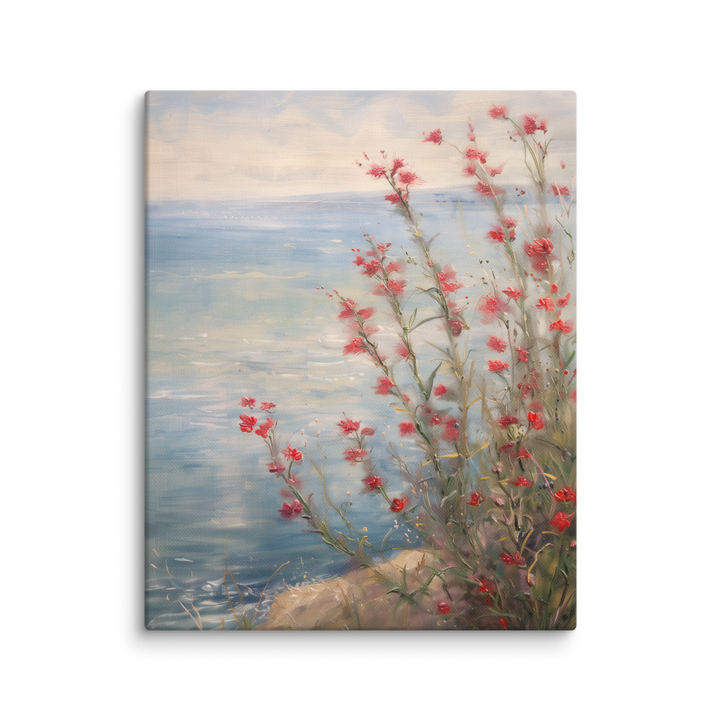 Leinwandbild mit roten Küstenwildblumen | Blumendesign zum Unabhängigkeitstag | Sommerdeko zum 4. Juli, Botanische Meeresmotive