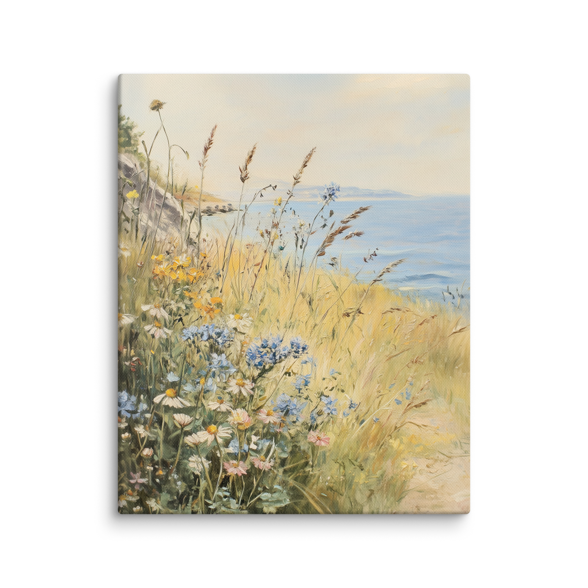 Leinwandbild mit Küstenwildblumen | Vintage-Meereswiesen-Design | Botanische Strandhaus-Dekoration, blau-gelbe Blumendekoration