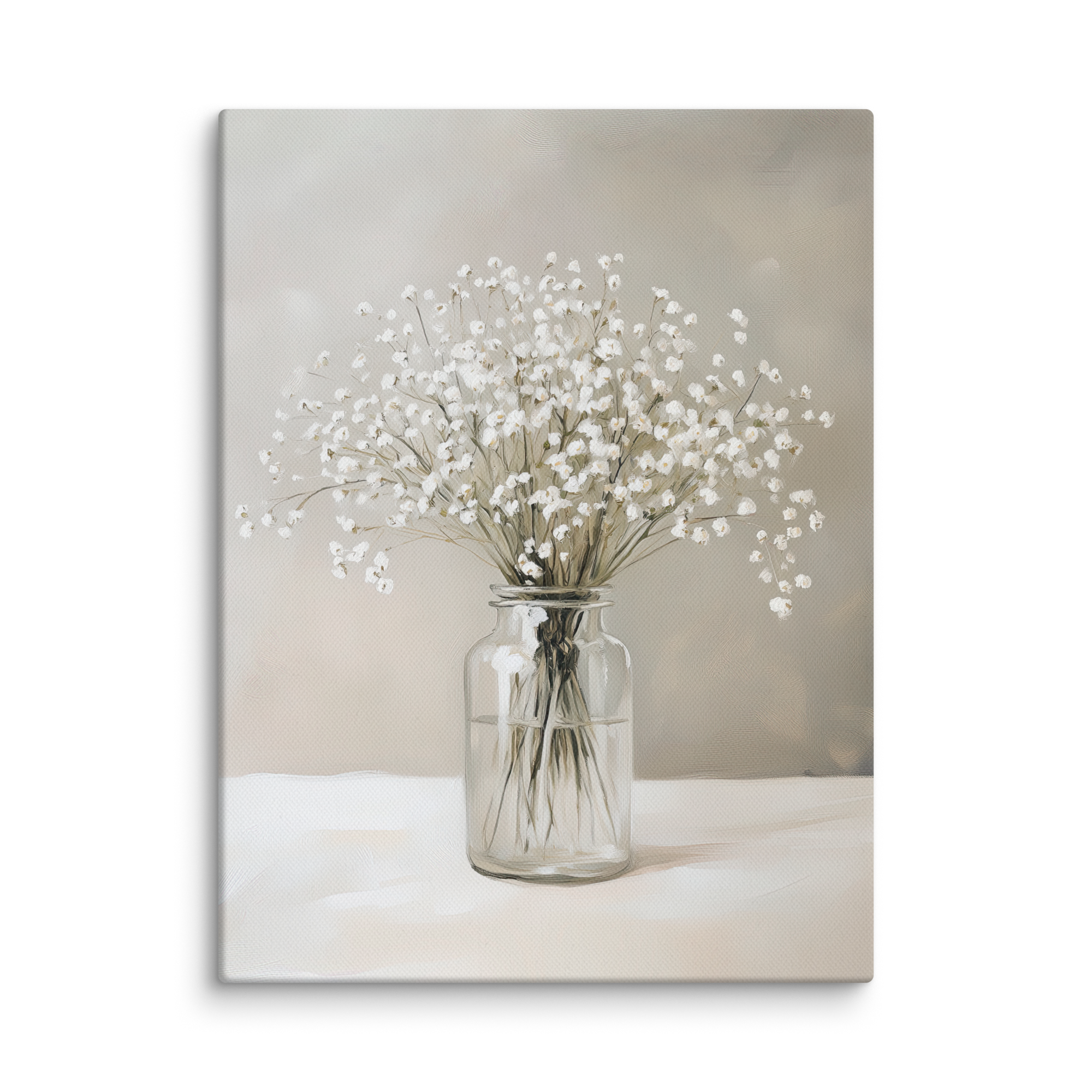 Leinwandbild mit Schleierkraut-Motiv | Neutraler Blumendruck | Beruhigende grau-weiße Dekoration