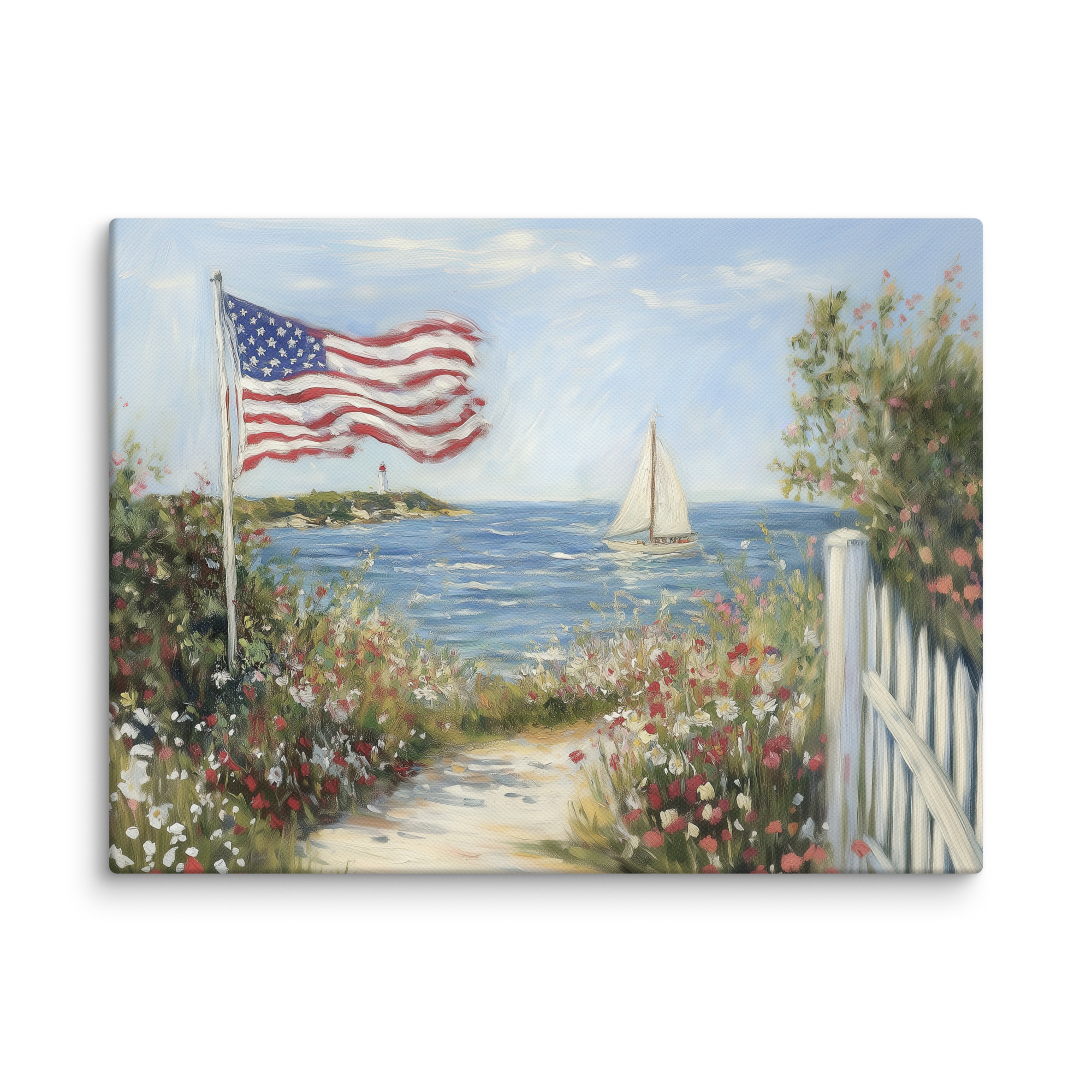 Patriotisches Wandbild im Küstenstil | Segelboot mit amerikanischer Flagge und Leuchtturm | Sommerdeko zum 4. Juli