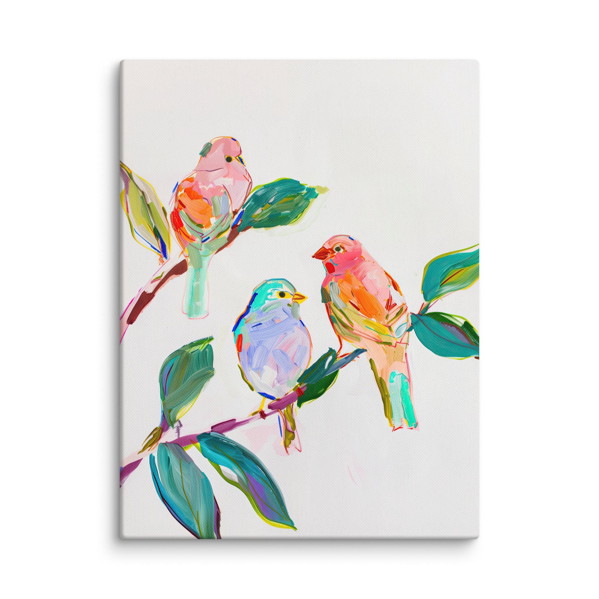 Leinwandbild mit Wildvögeln | Farbenfrohe Singvögel auf einem Ast | Lebendiges Naturdeko-Geschenk