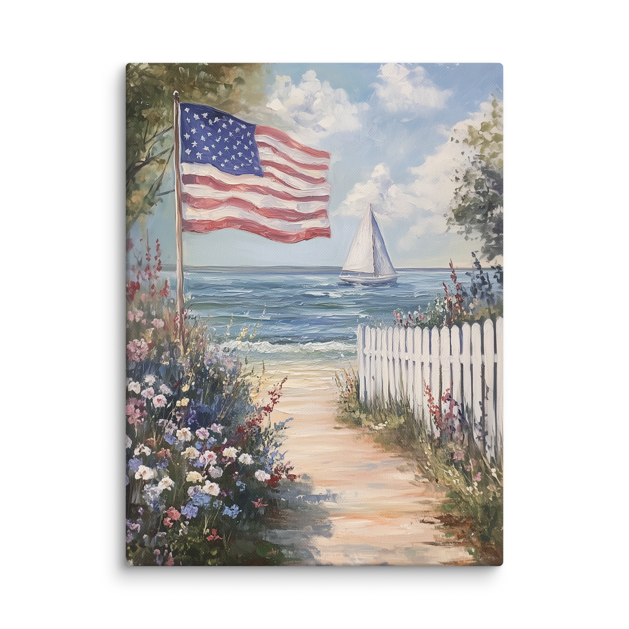 Leinwandbild mit amerikanischer Flagge und Küstenmotiv – Segelboot, patriotische Sommerblume, weißer Lattenzaun, rustikales Strandmotiv zum 4. Juli