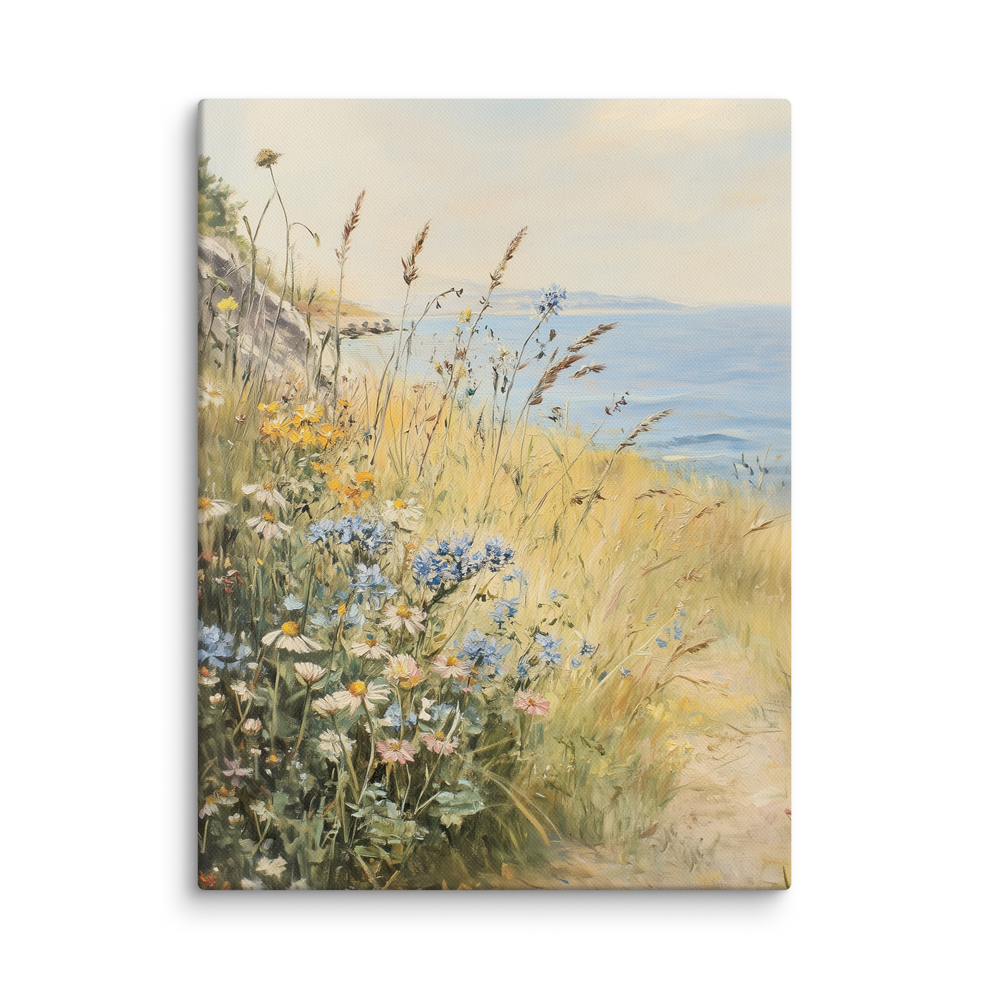 Leinwandbild mit Küstenwildblumen | Vintage-Meereswiesen-Design | Botanische Strandhaus-Dekoration, blau-gelbe Blumendekoration