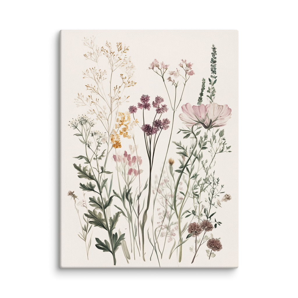 Wildflower Meadow Canvas Wall Art | Neutral Botanical Floral Illustration | Cottagecore Vintage Nature Decor | Minimalist Bedroom Artwork