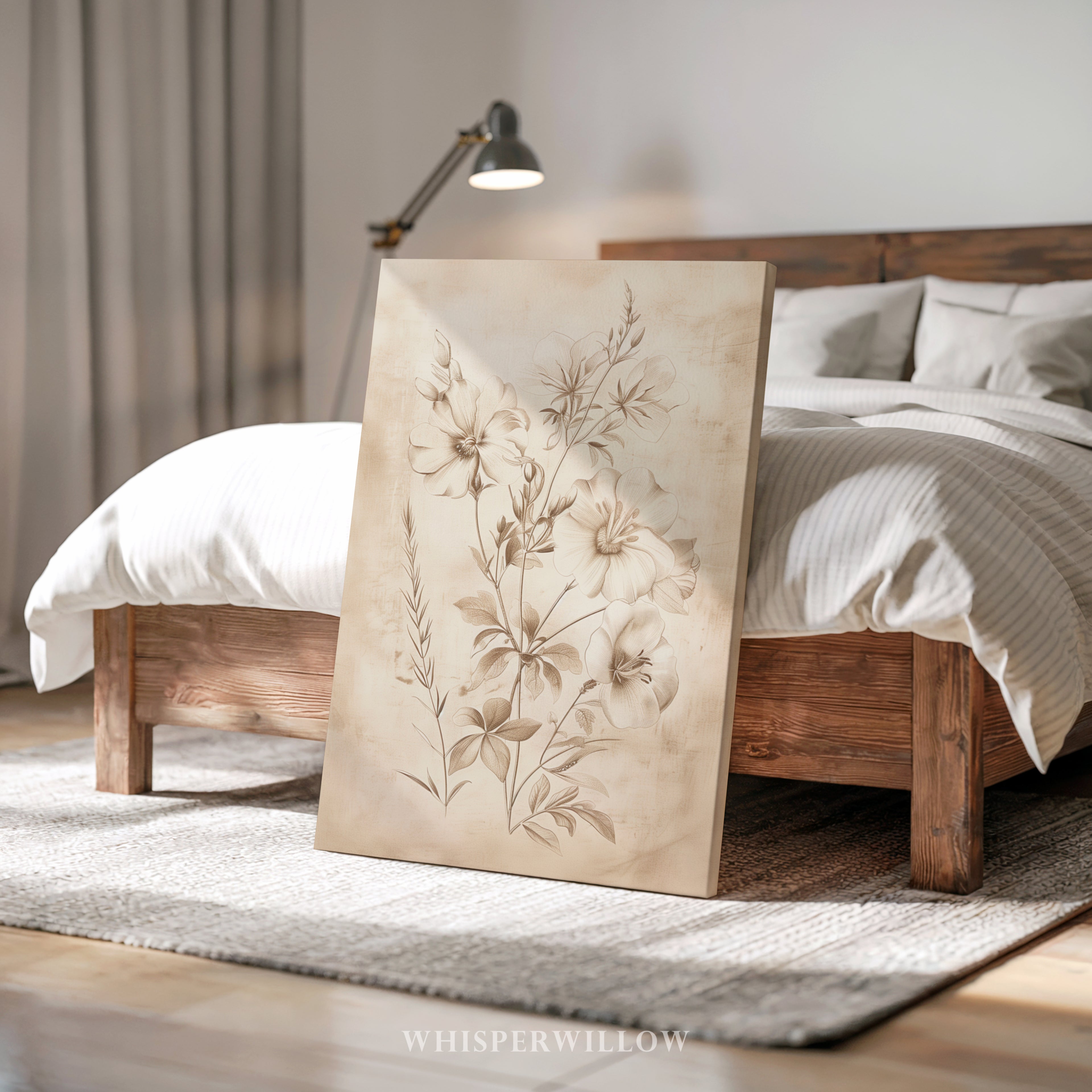 Vintage Floral Pencil Sketch Canvas Art - Neutral Botanical Sepia Flower Illustration