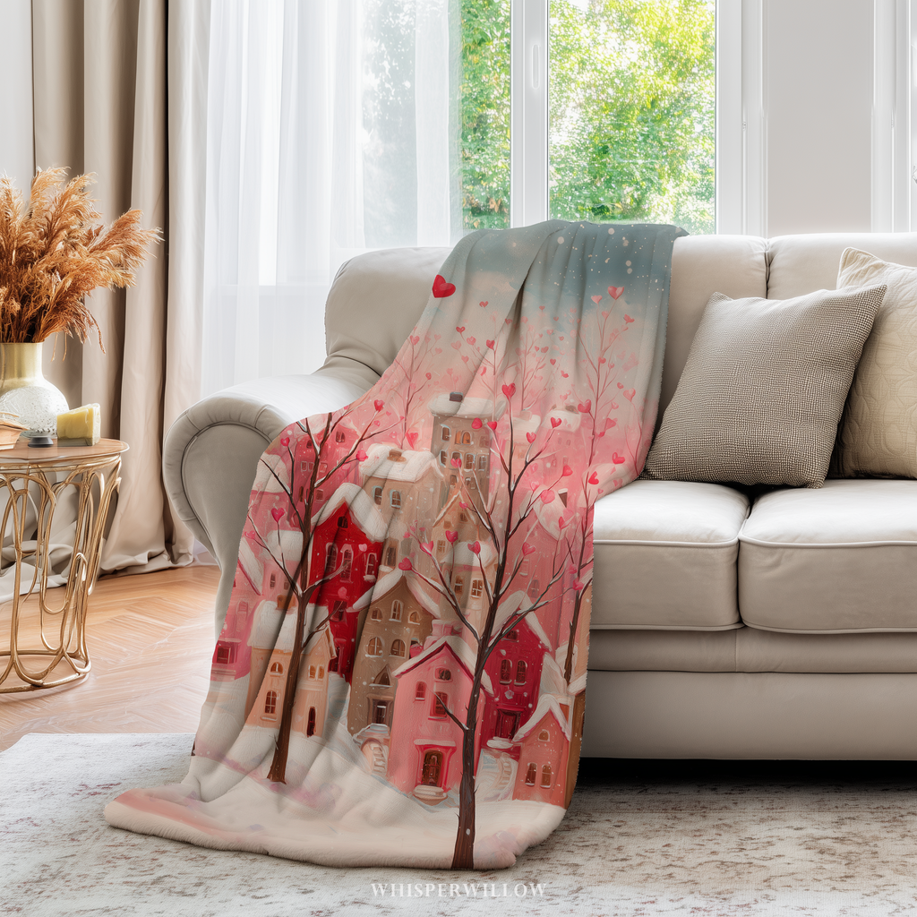Valentine heart village throw blanket with pink winter town and heart-shaped trees on soft pastel background