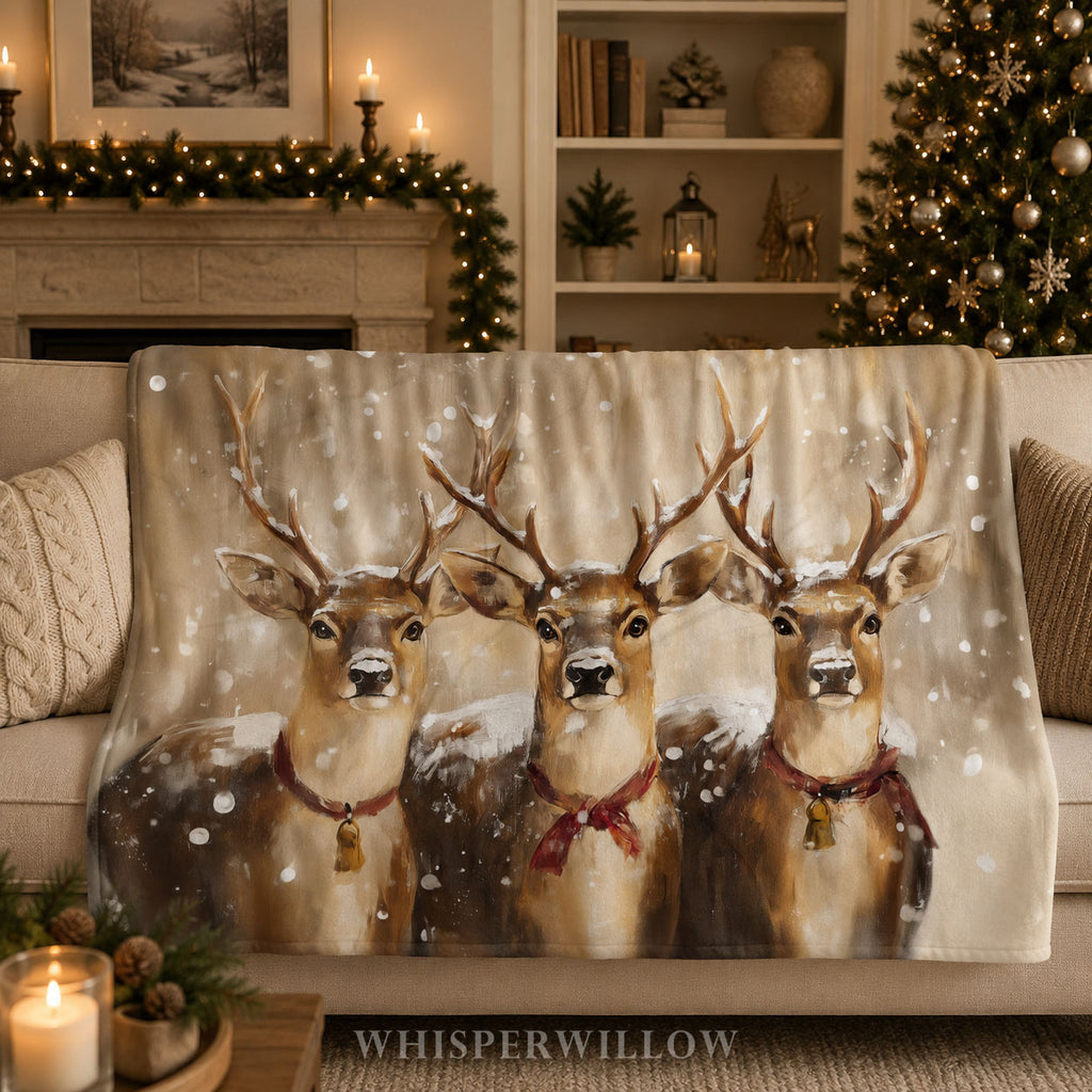 Snowy Reindeer Trio Plush Throw Blanket | Festive Woodland Christmas Lodge Cozy Holiday Decor Gift | Rustic Winter Animal Bells