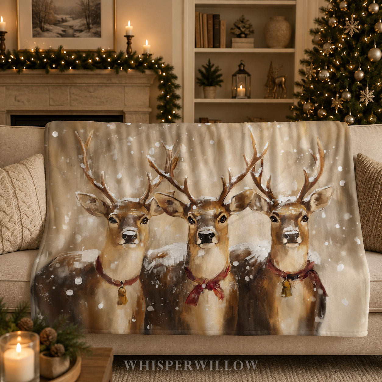 Snowy Reindeer Trio Plush Throw Blanket | Festive Woodland Christmas Lodge Cozy Holiday Decor Gift | Rustic Winter Animal Bells