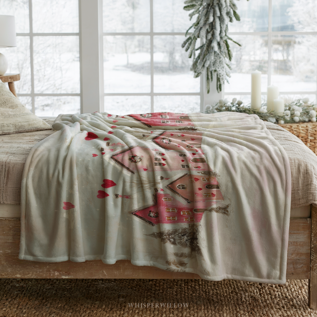 Valentinstag-Kuscheldecke „Rosa Dorf“ – Herz-Schnee, gemütliches romantisches Winter-Geschenk mit verspielten Liebeshäusern