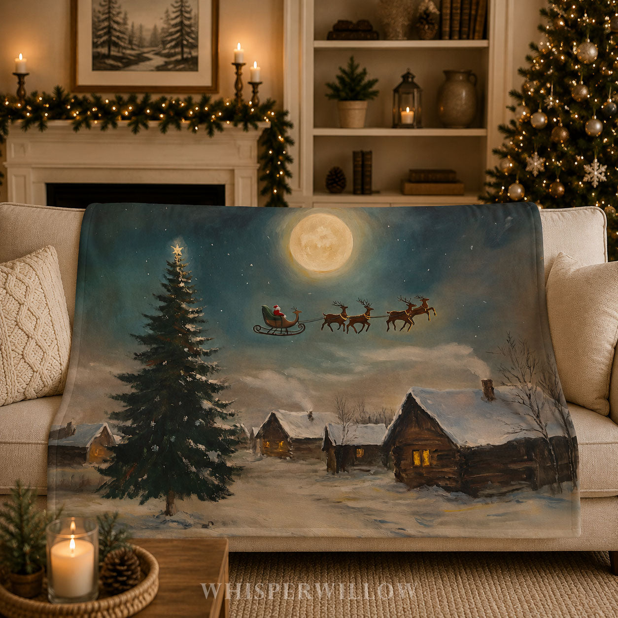 Christmas Santa Sleigh Throw Blanket - Reindeer Moonlit Village Gift by WhisperWillow Studios