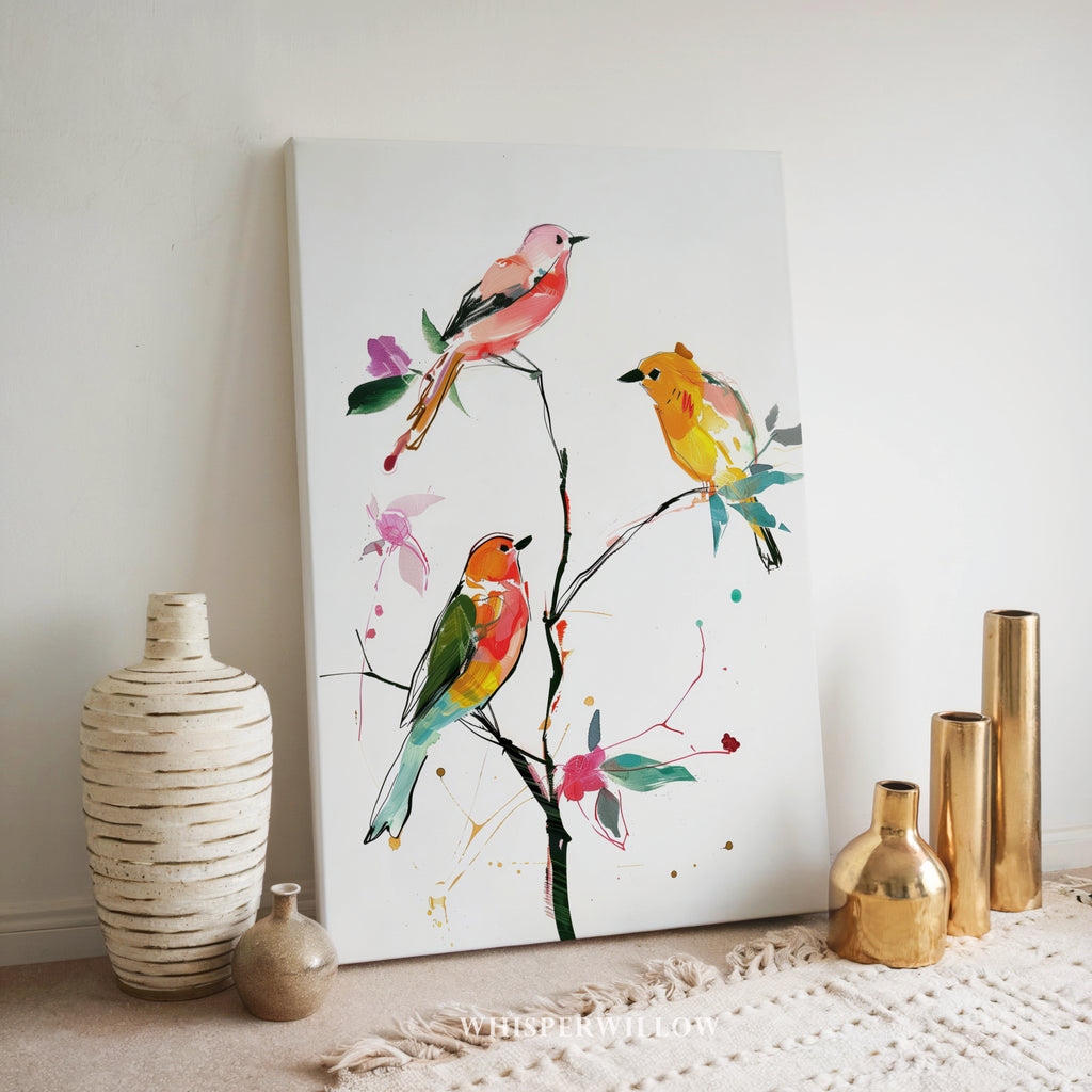 Farbenfrohe Singvogel-Leinwandbilder – Lebendige Aquarellvögel auf einem verspielten Ast