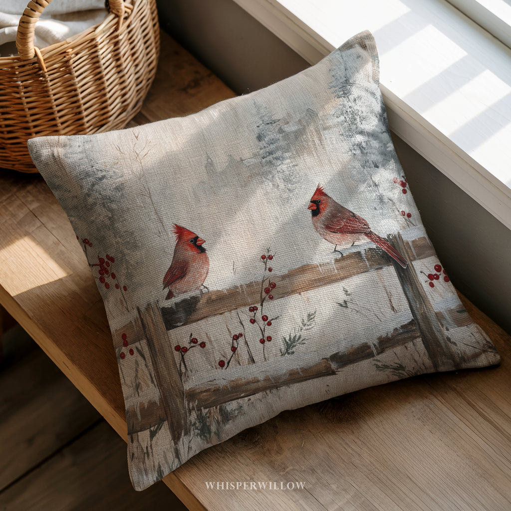 Dekokissen mit Winterkardinalen – Rustikales Weihnachtskissen im verschneiten Landhausstil