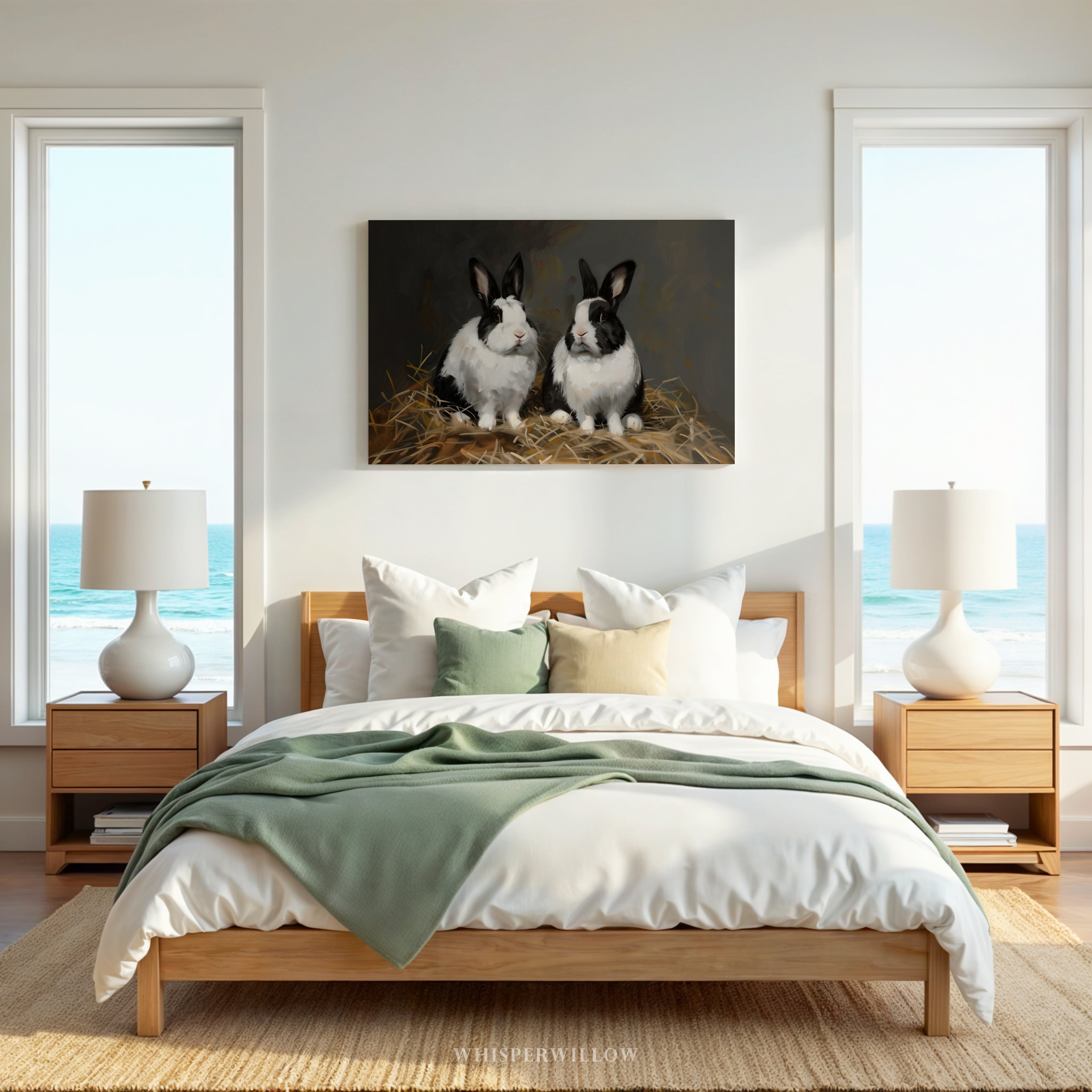 Leinwandbild mit schwarz-weißem Kaninchen – Rustikales Frühlingsmotiv im Landhausstil mit holländischem Hasenmotiv