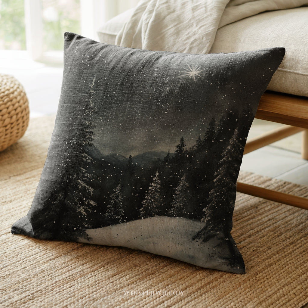 Starry Winter Night Throw Pillow - Snowy Forest Landscape with North Star by WhisperWillow Studios Home Decor Gift