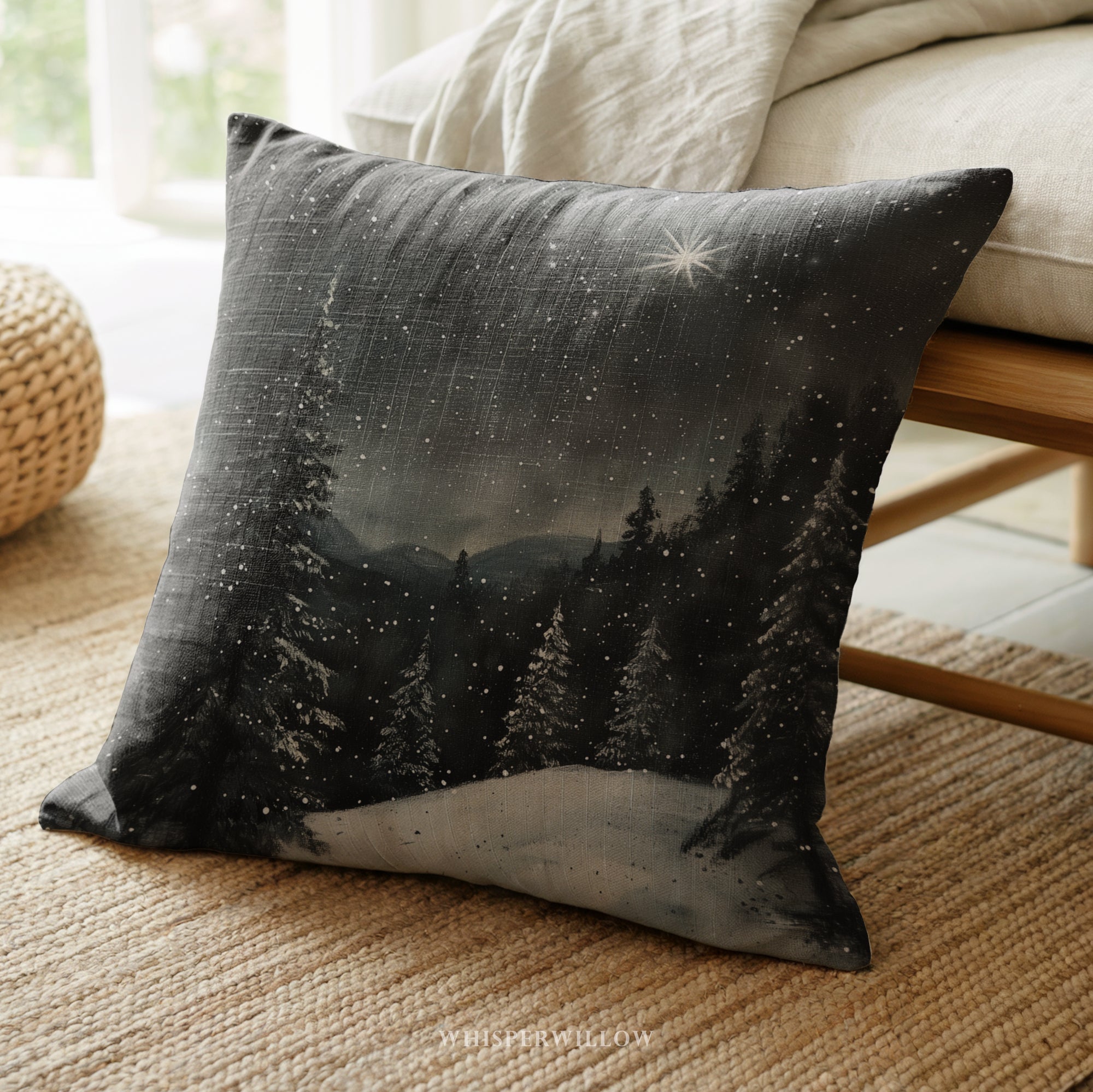 Starry Winter Night Throw Pillow - Snowy Forest Landscape with North Star by WhisperWillow Studios Home Decor Gift