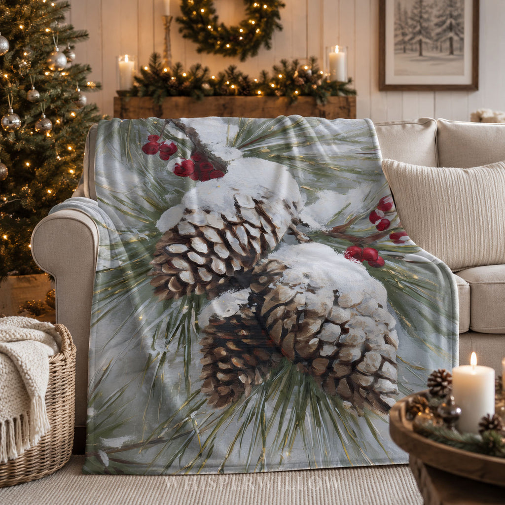 Snowy Pinecone Throw Blanket - Evergreen Red Berry Winter Gift