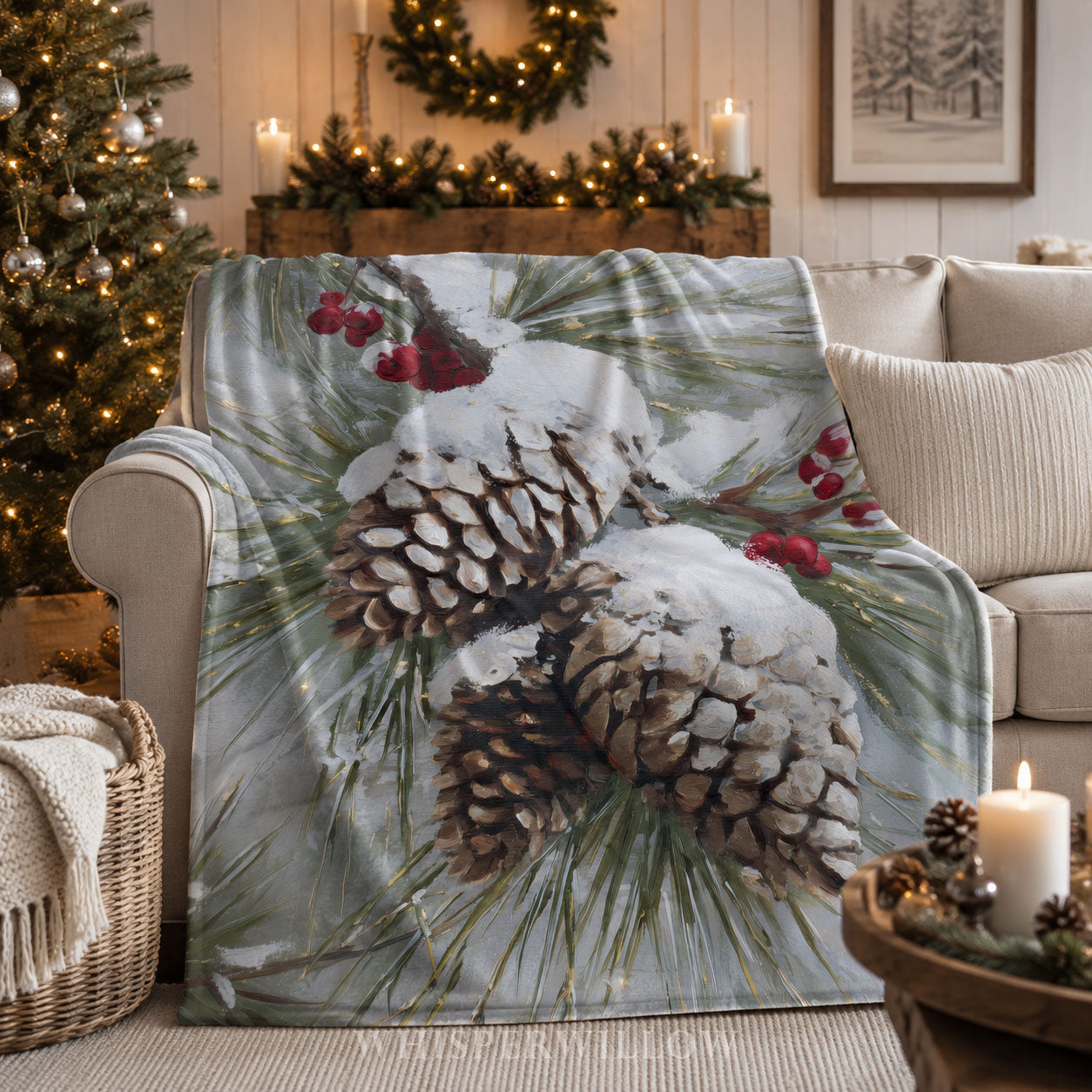 Snowy Pinecone Throw Blanket - Evergreen Red Berry Winter Gift