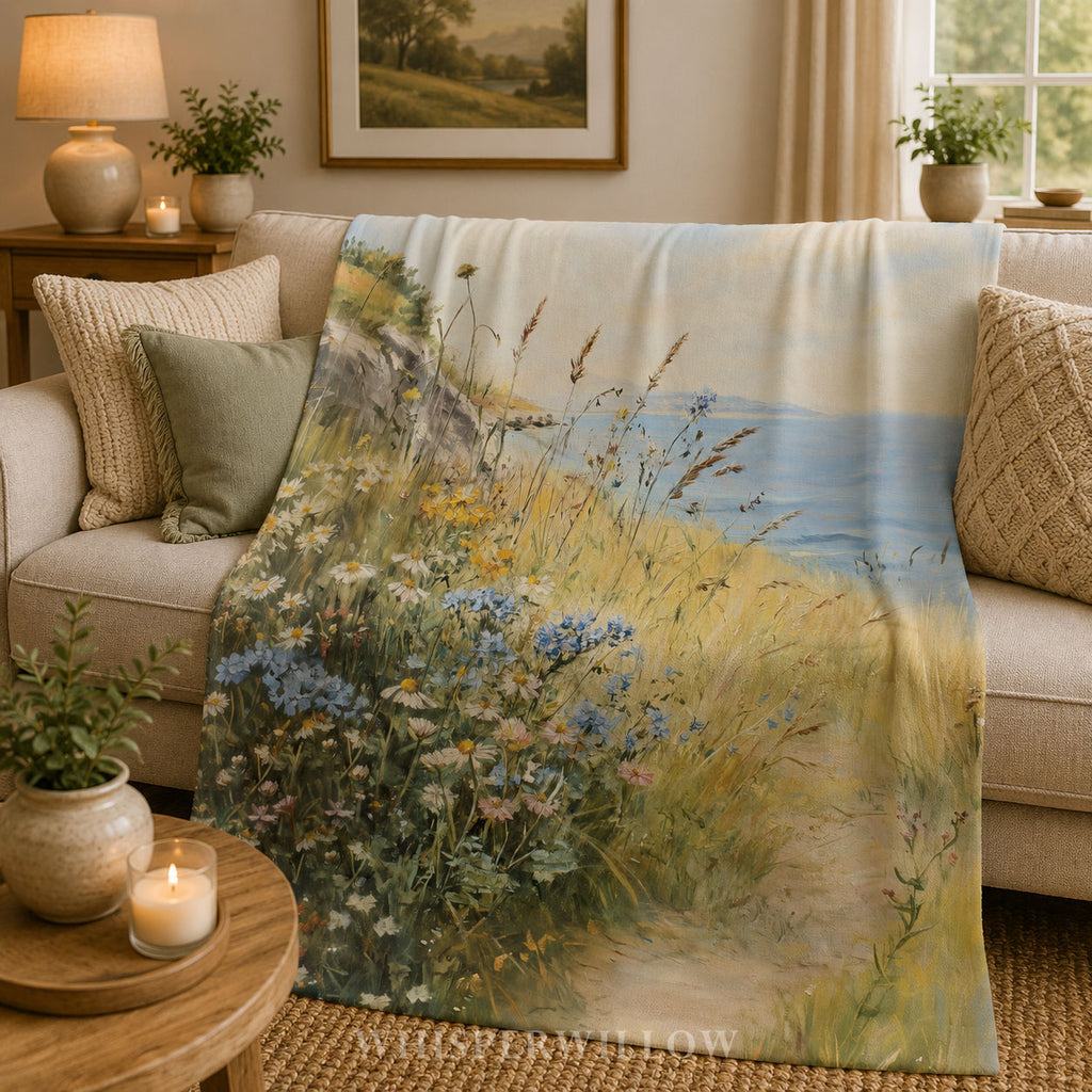 Coastal Wildflower Path Plush Throw Blanket - Ocean Meadow Landscape Gift