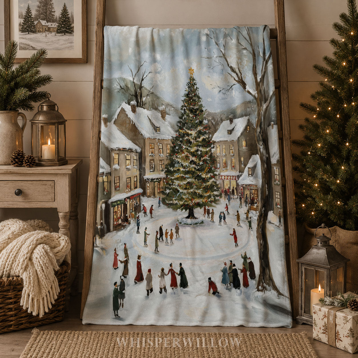 Snowy Village Christmas Throw Blanket - Winter Tree Ice Skating Gift