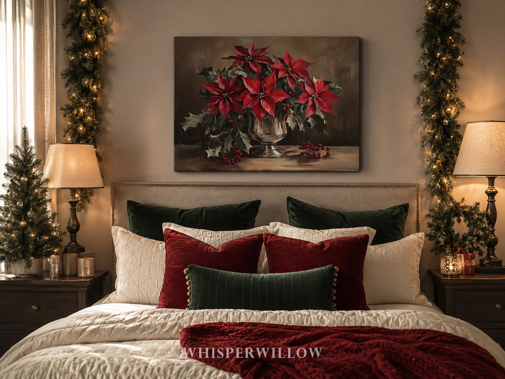 Weihnachtliches Leinwandbild | Roter Weihnachtsstern in silberner Vase | Botanische Winterdeko – Geschenkidee für Zuhause