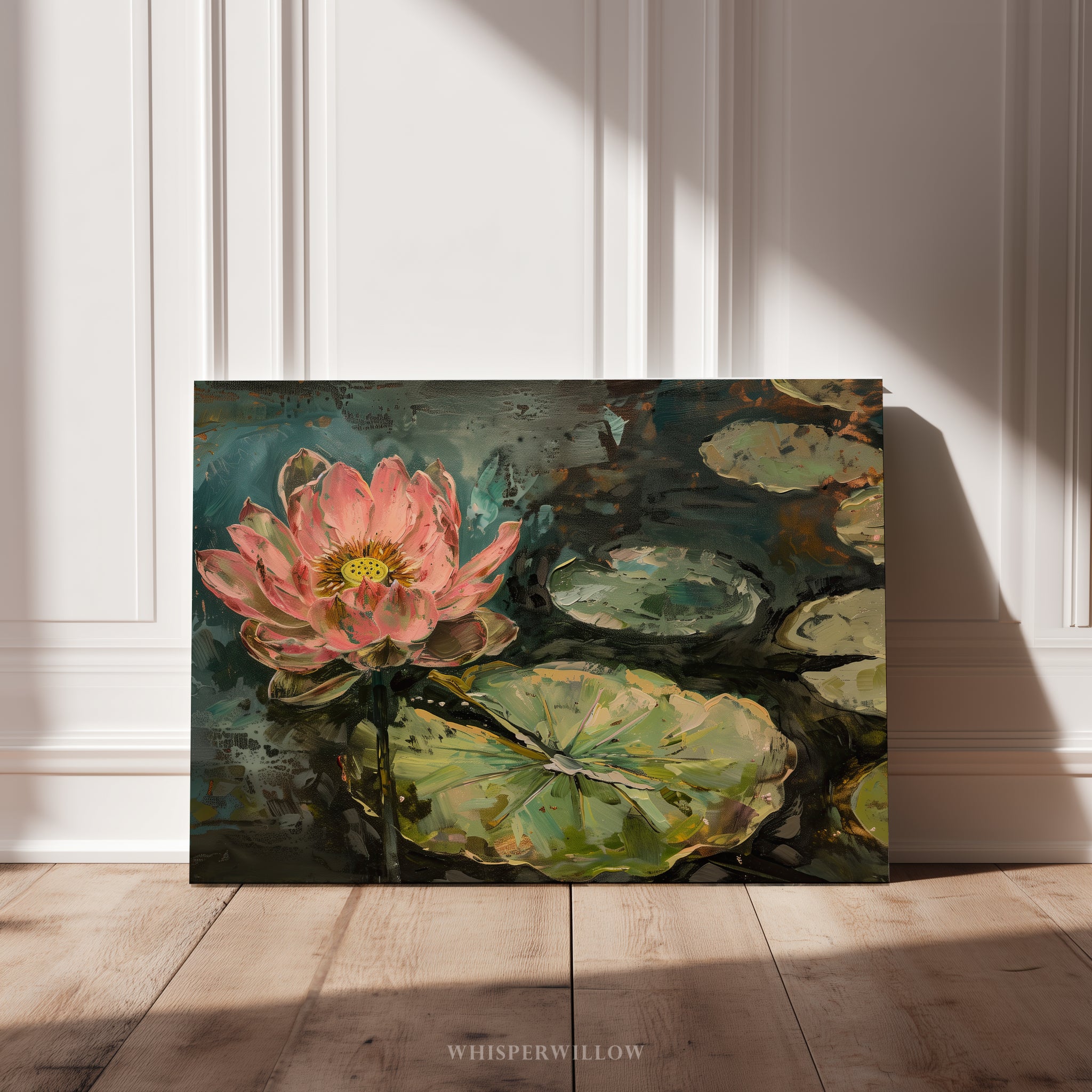 Leinwandbild mit rosa Lotusblume – Seerosenblätter, botanisch, modern-impressionistisch