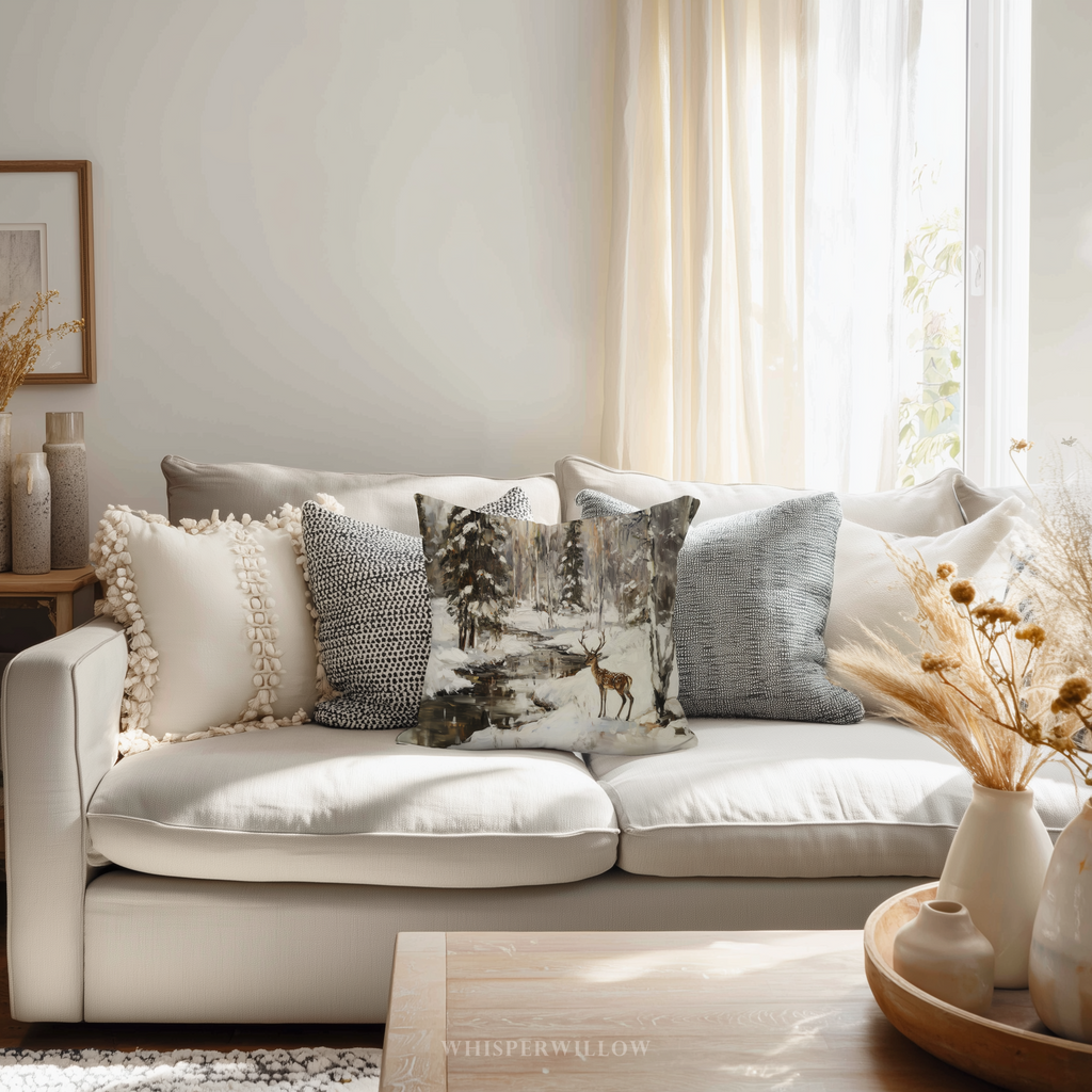 Winterliches Hirsch-Schneewald-Dekokissen - Woodland Creek Hüttenkissen