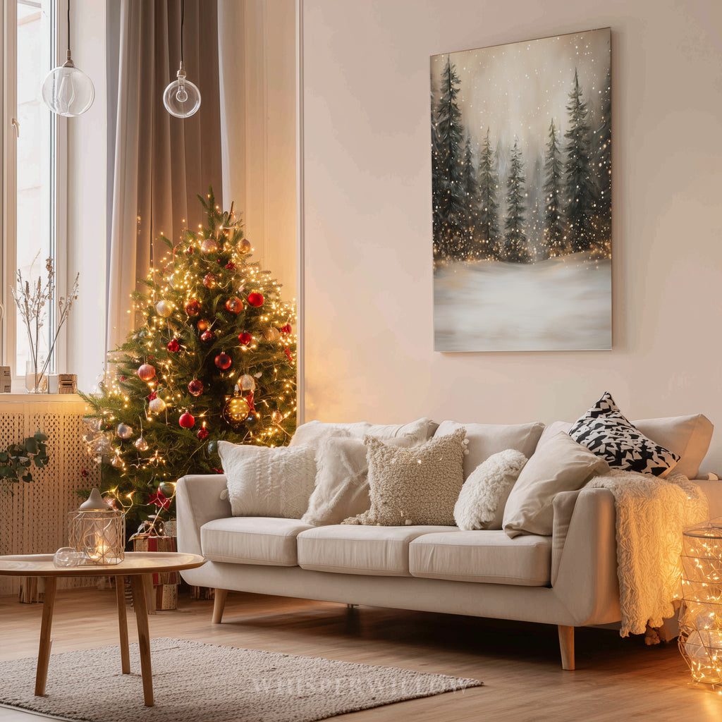 Winterliches Leinwandbild | Verschneiter Wald mit funkelnden Lichtern | Gemütliche, rustikale Weihnachtsdeko – das perfekte Geschenk für Ihr Zuhause