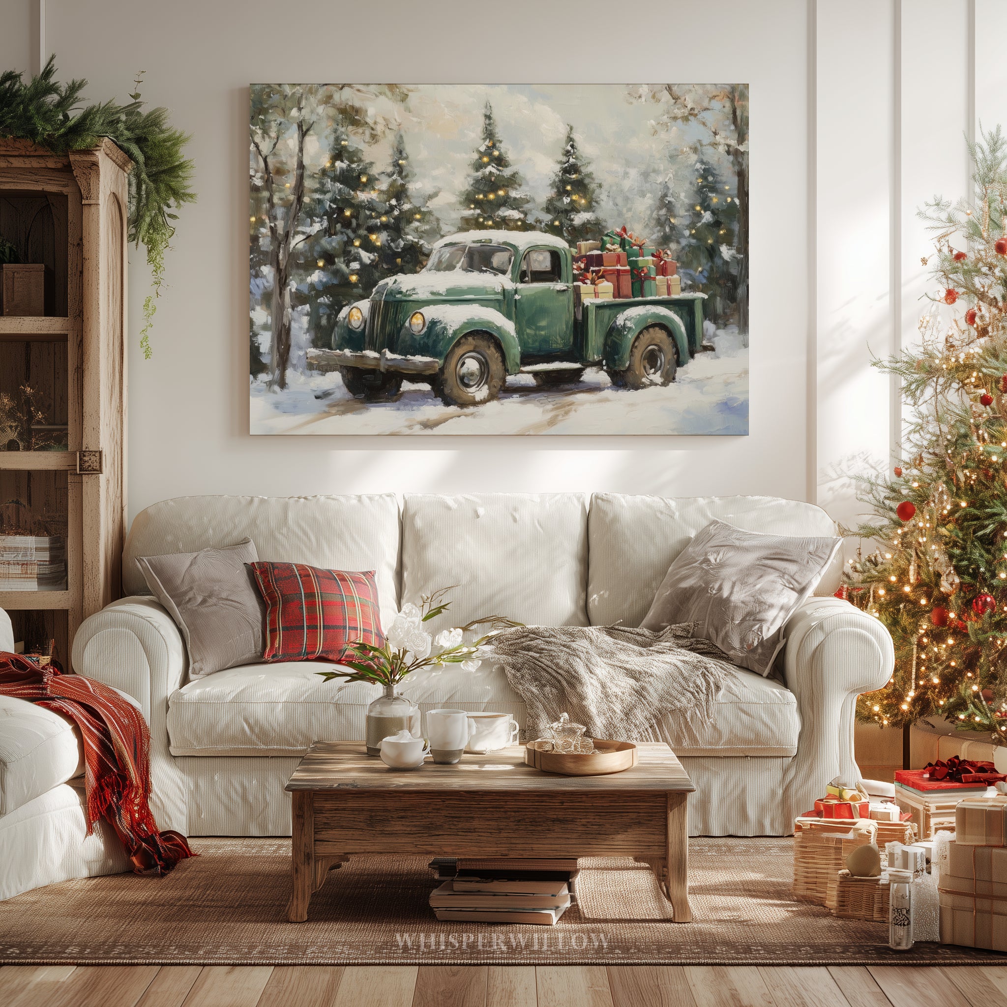 Vintage-Weihnachts-LKW-Leinwandbild in Grün – Verschneite Winterbäume, rustikale Weihnachtsdeko im Landhausstil