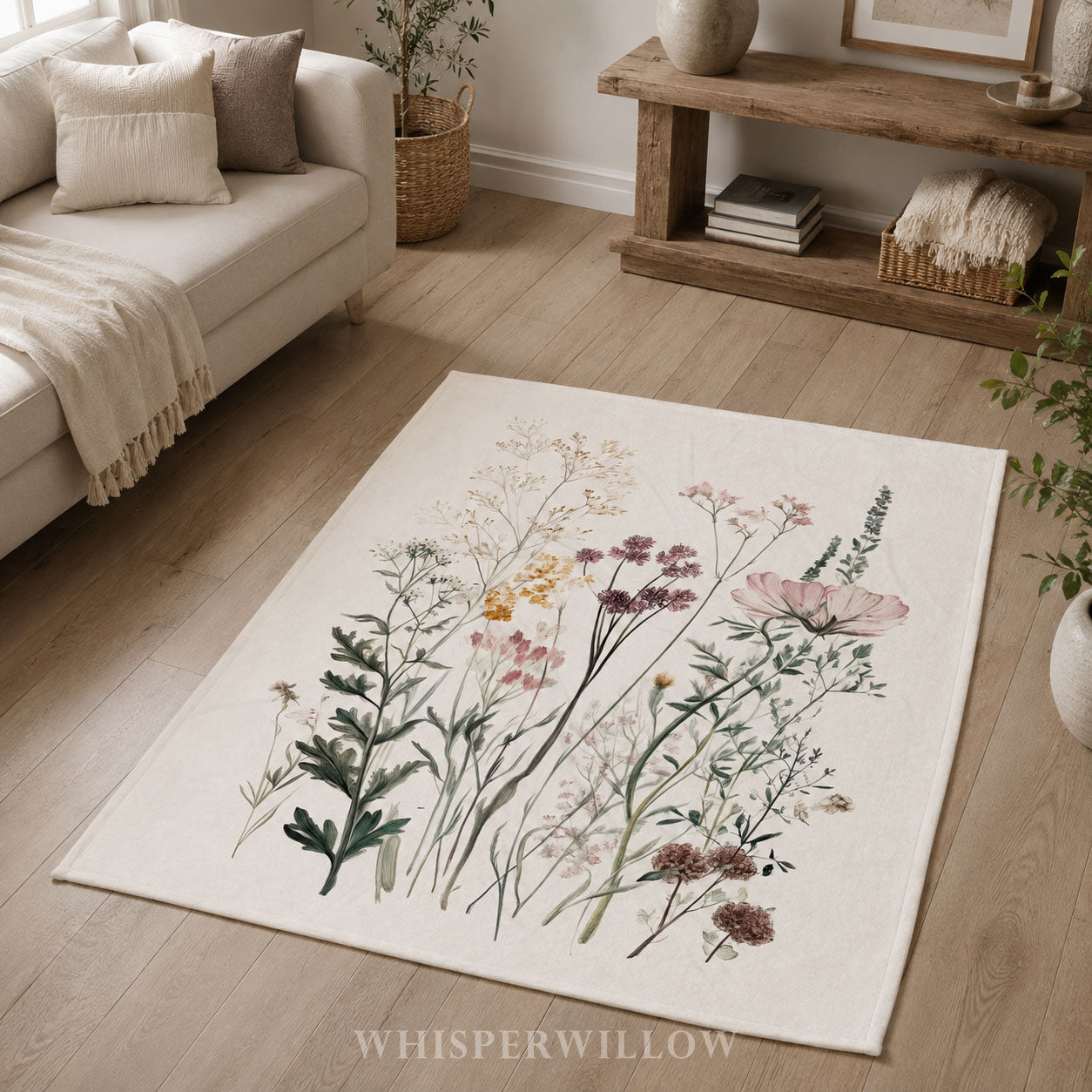 Wildflower Botanical Plush Throw Blanket | Vintage Meadow Floral Cottagecore | Neutral Garden Decor Gift
