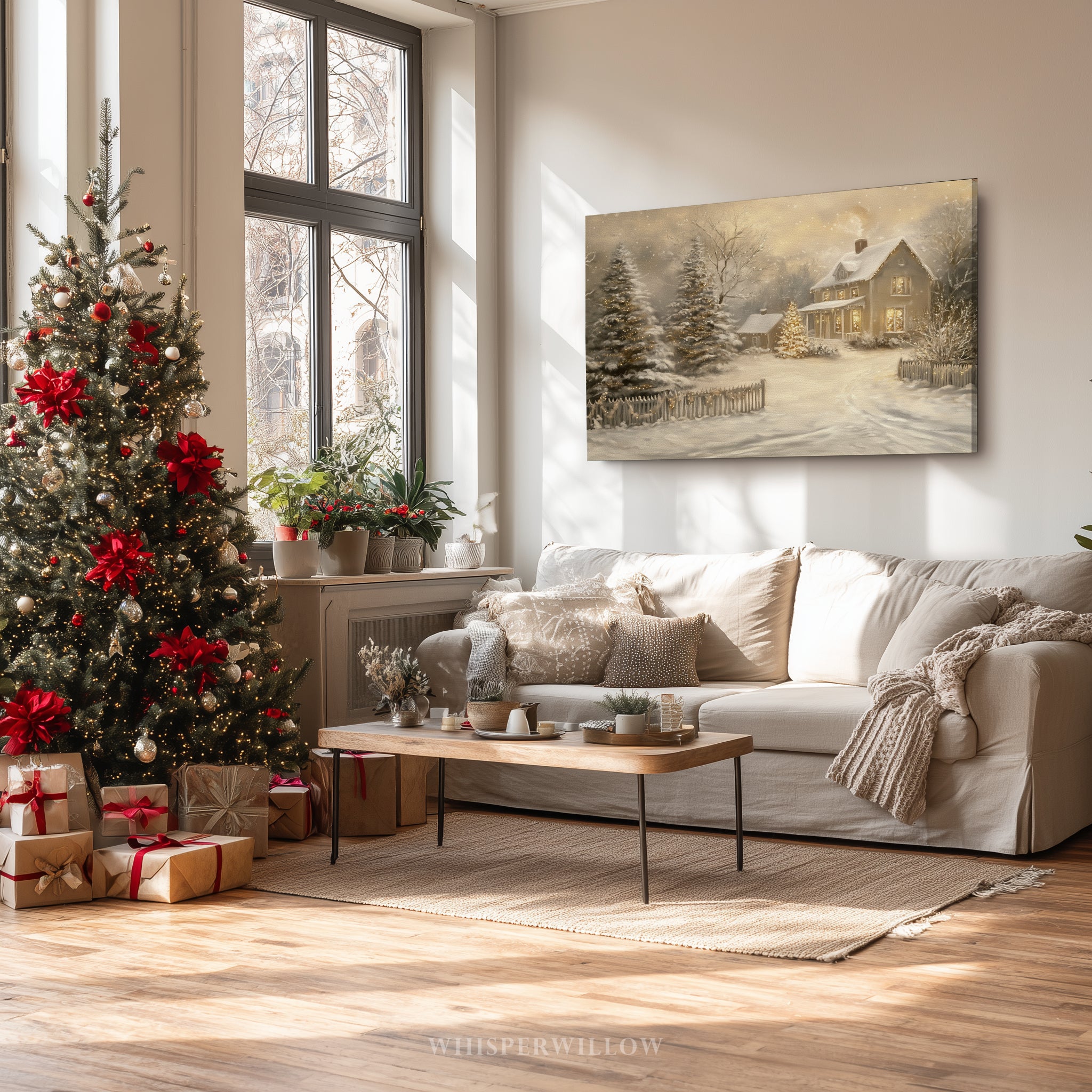 Bezauberndes Winter-Wandbild auf Leinwand – Verschneite Weihnachtslandschaft, festliche Dekoration im Landhausstil