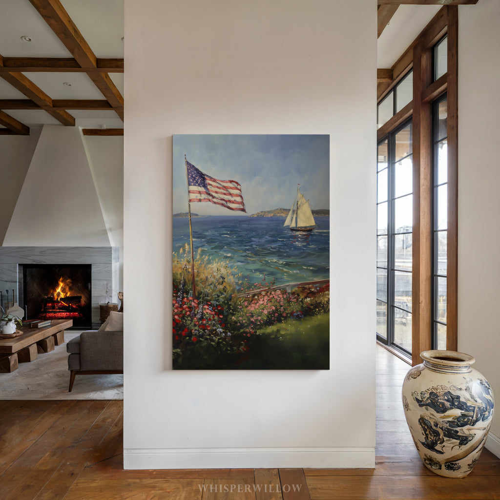 Leinwandbild mit Küstenmotiv | Segelboot mit amerikanischer Flagge | Patriotisches maritimes Deko-Geschenk