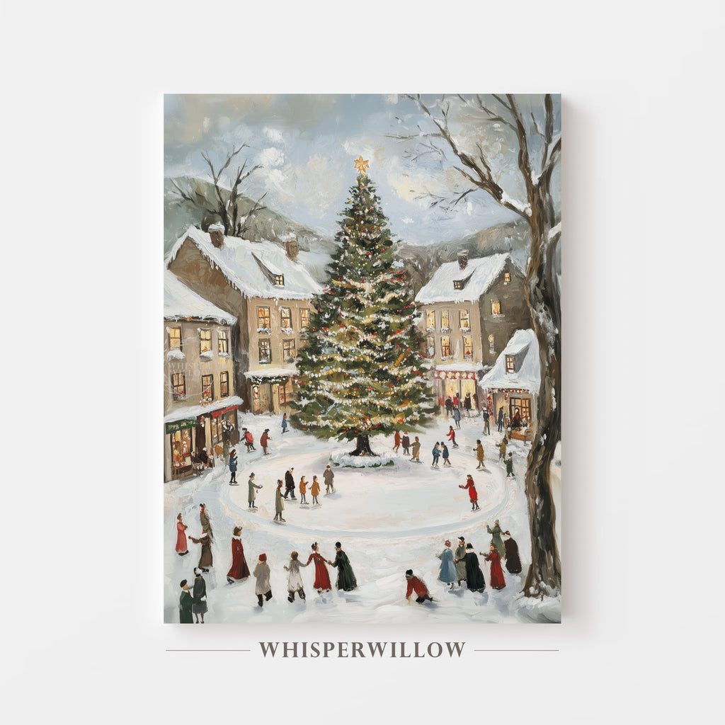 Christmas Village Ice Skating Canvas Wall Art Holiday Tree Town Home Decor Gift