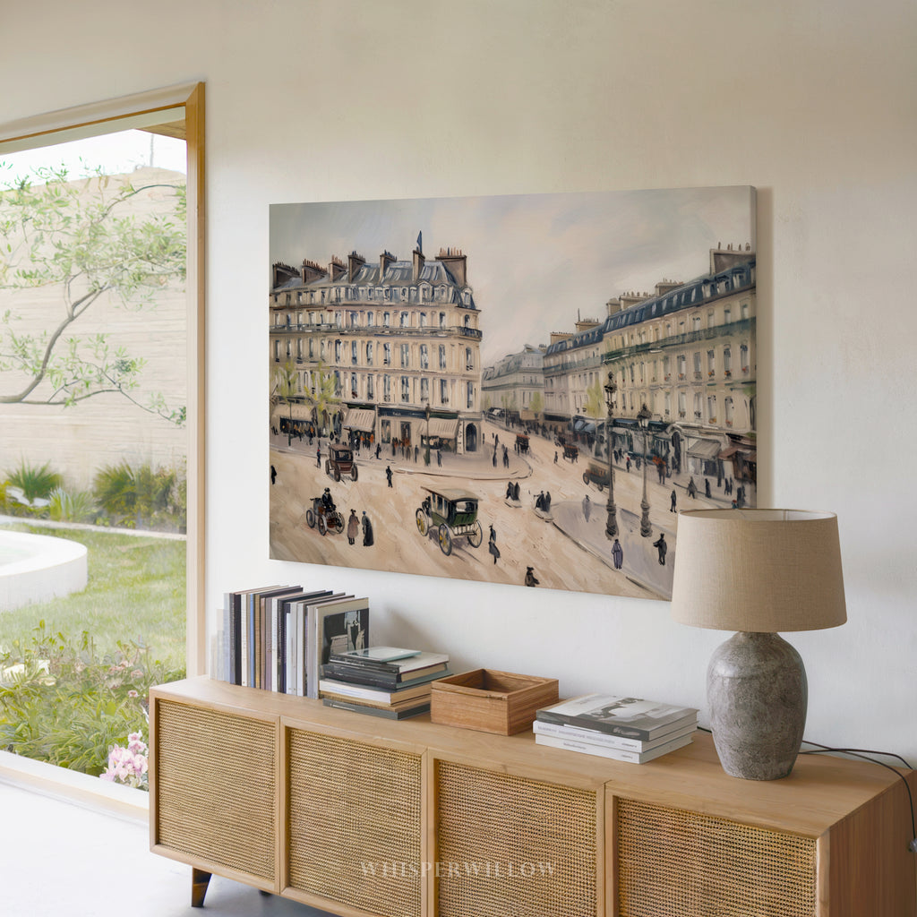 Vintage Paris City Scene Canvas Wall Art - Old European Carriages 1880s Street Shops