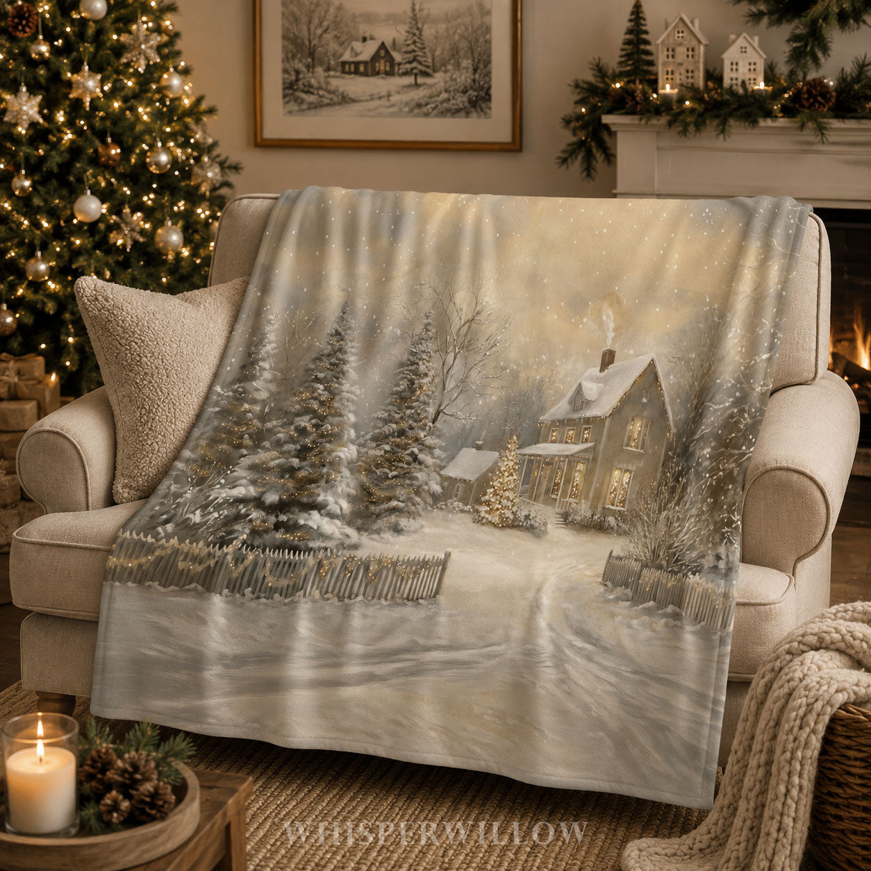 Enchanted Winter Cottage Throw Blanket - Christmas Lights Snowy Forest Gift