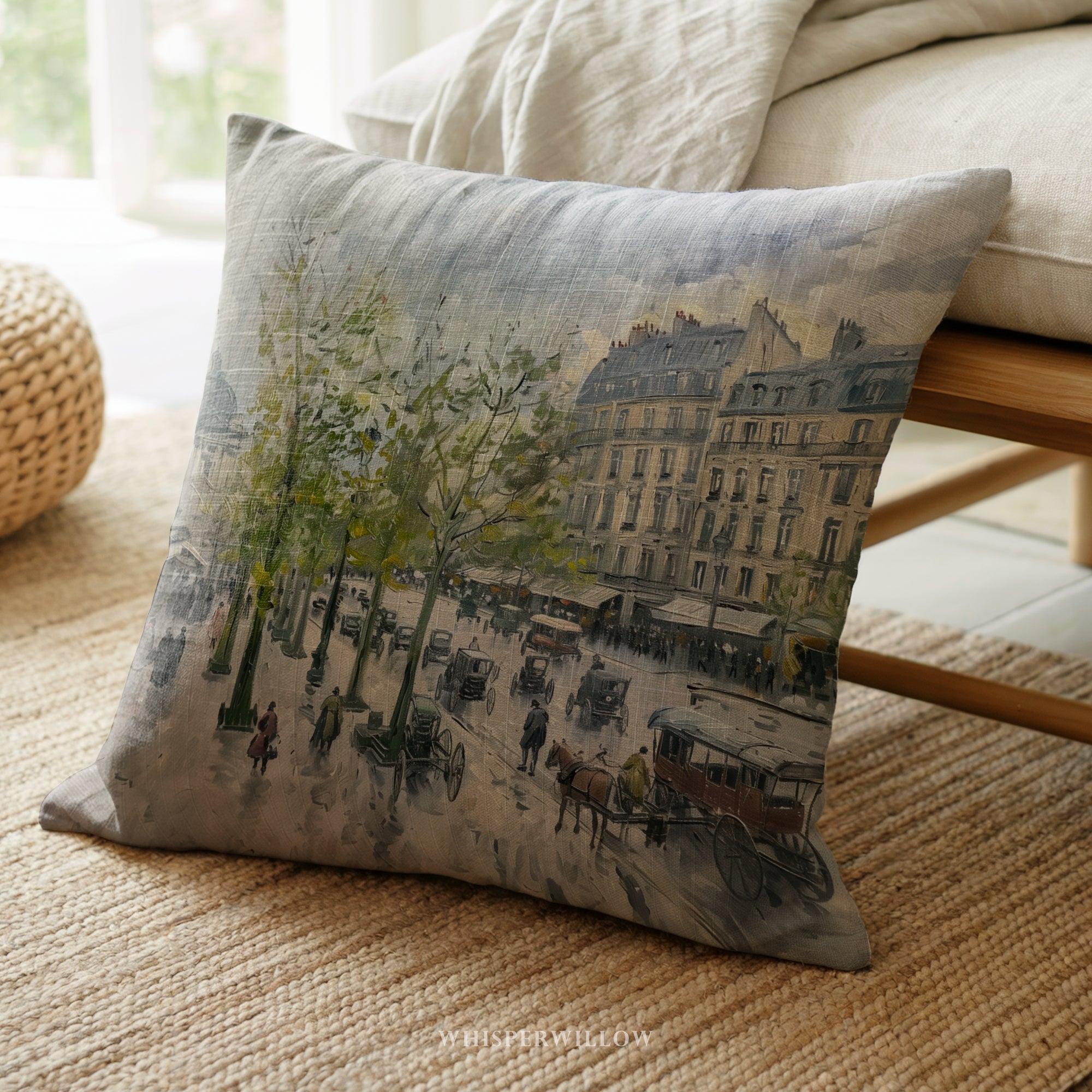Dekokissen „Paris Boulevard“ – Regenszene mit Pferdekutsche