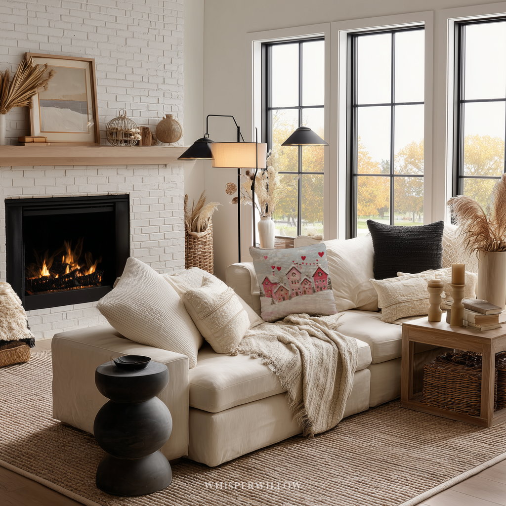 Coussin décoratif Saint-Valentin sur le thème du village d'hiver | Motif maisons en forme de cœur | Coussin cadeau romantique enneigé