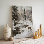 Winterliches Wandbild „Deer Creek“ auf Leinwand – Verschneite Waldlandschaft, Waldtierdekor