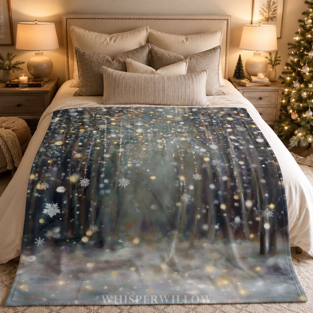 Winter Forest Snowflake Plush Throw Blanket | Glitter Look Woodland Holiday Cozy Shimmer Neutral Christmas Decor Gift by WhisperWillow Studios