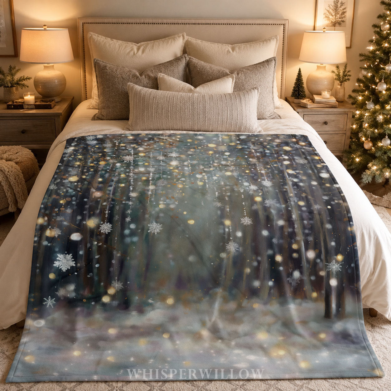 Winter Forest Snowflake Plush Throw Blanket | Glitter Look Woodland Holiday Cozy Shimmer Neutral Christmas Decor Gift by WhisperWillow Studios