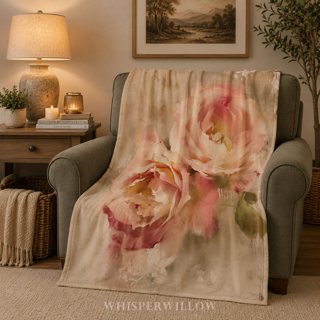 Blush Rose Floral Throw Blanket - Soft Plush Vintage Pastel Gift