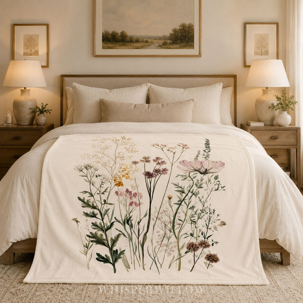 Wildflower Botanical Plush Throw Blanket | Vintage Meadow Floral Cottagecore | Neutral Garden Decor Gift