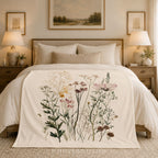 Wildflower Botanical Plush Throw Blanket | Vintage Meadow Floral Cottagecore | Neutral Garden Decor Gift