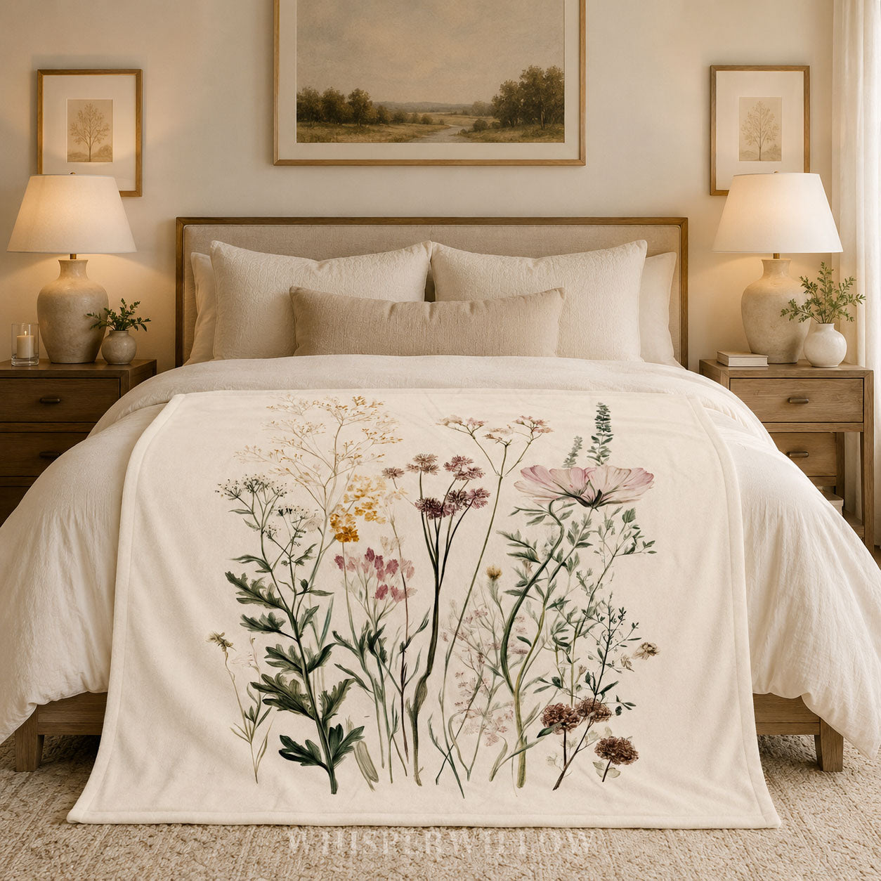 Wildflower Botanical Plush Throw Blanket | Vintage Meadow Floral Cottagecore | Neutral Garden Decor Gift