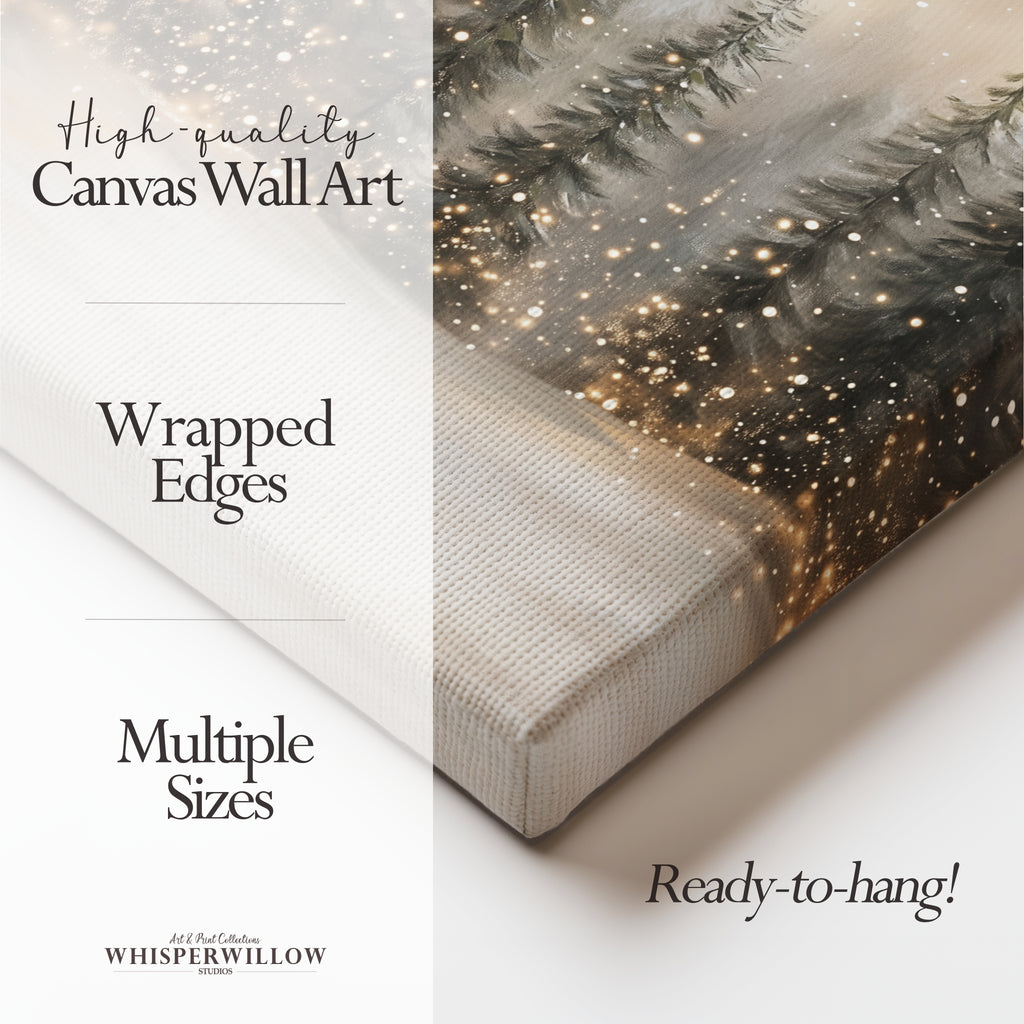 Winterliches Leinwandbild | Verschneiter Wald mit funkelnden Lichtern | Gemütliche, rustikale Weihnachtsdeko – das perfekte Geschenk für Ihr Zuhause
