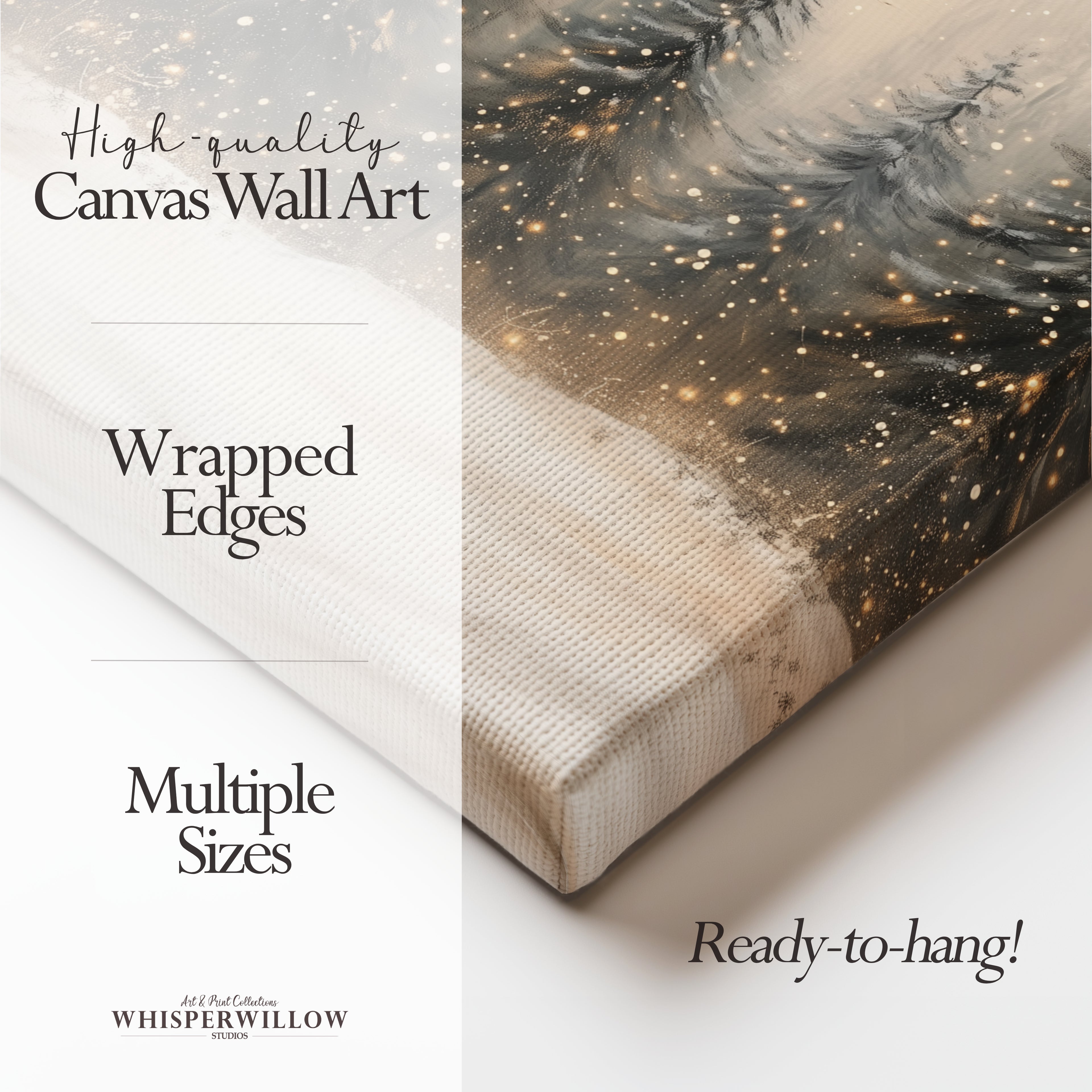 Winterliches Leinwandbild | Verschneiter Kiefernwald mit funkelnden Lichtern | Gemütliche, rustikale Weihnachtsdeko – das perfekte Geschenk für Ihr Zuhause